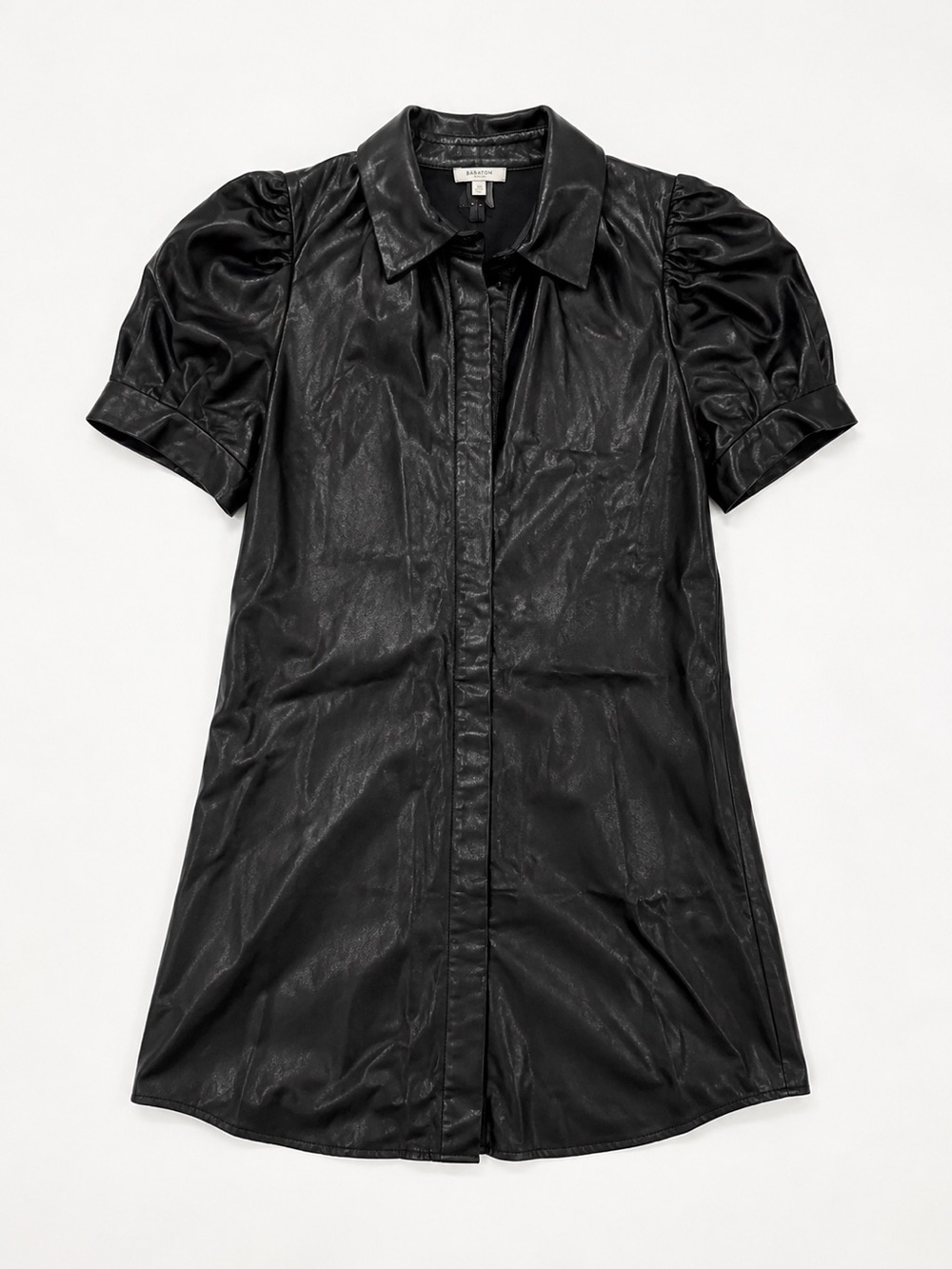 Tyler Böe Black Faux/Vegan Leather Puff Sleeve Shirt Mini Dress Size 4 - Picture 3 of 6